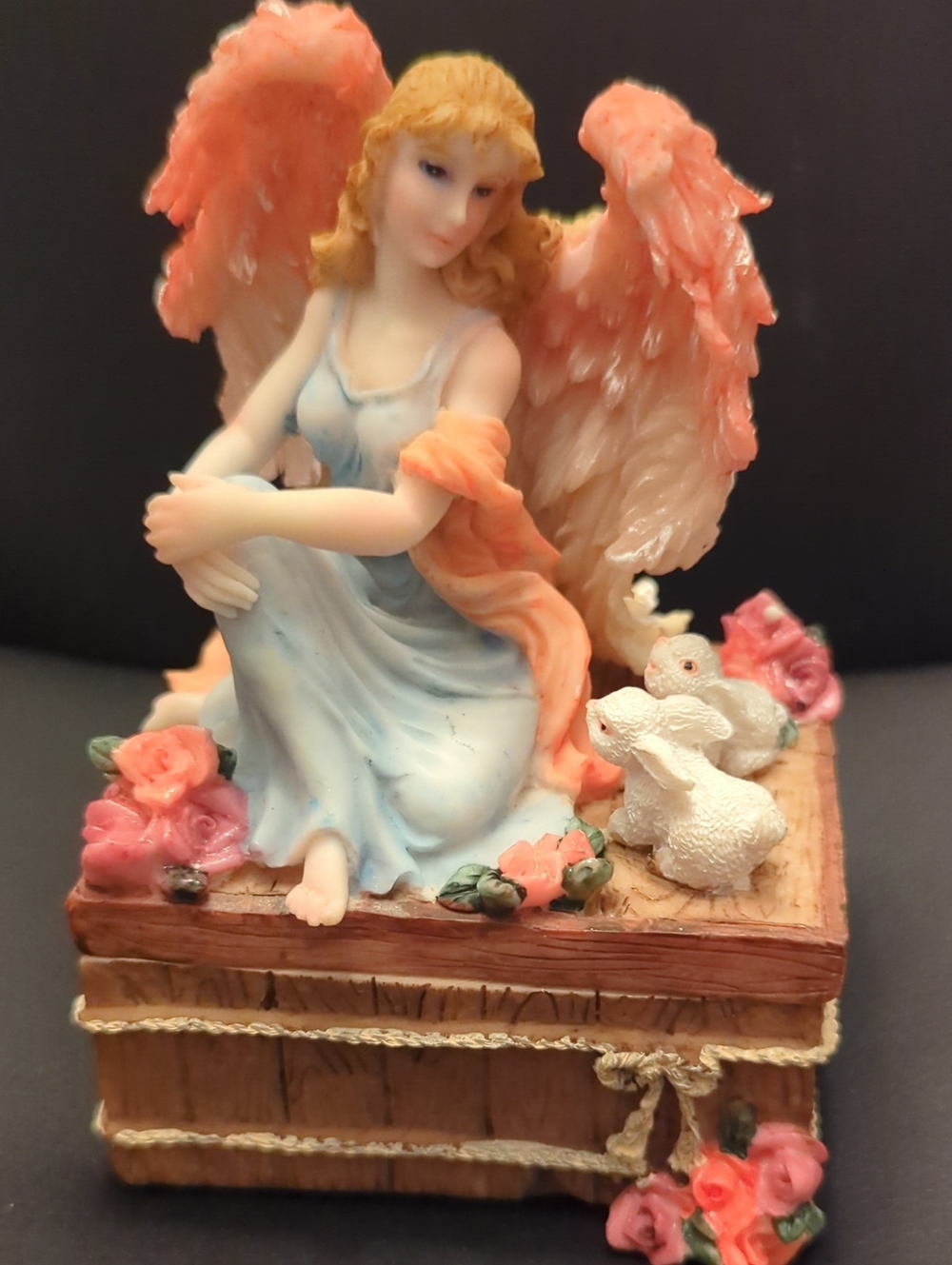 Porcelain Angel Figurine Trinket Box with Pink Wings and Blue Dress